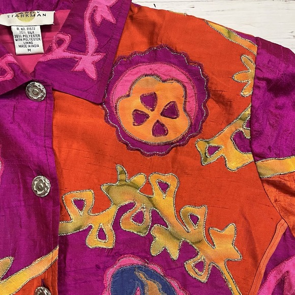 Vtg Sandy Starkman Women's M Boho Pink Neon Bright Silk Blend Embroidered Jacket - Picture 3 of 9